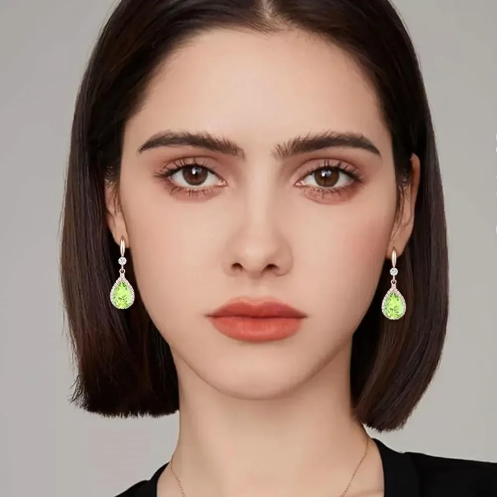14K Rose Gold with Peridot Green Cubic Zirconia Teardrop Hook Dangling Earrings